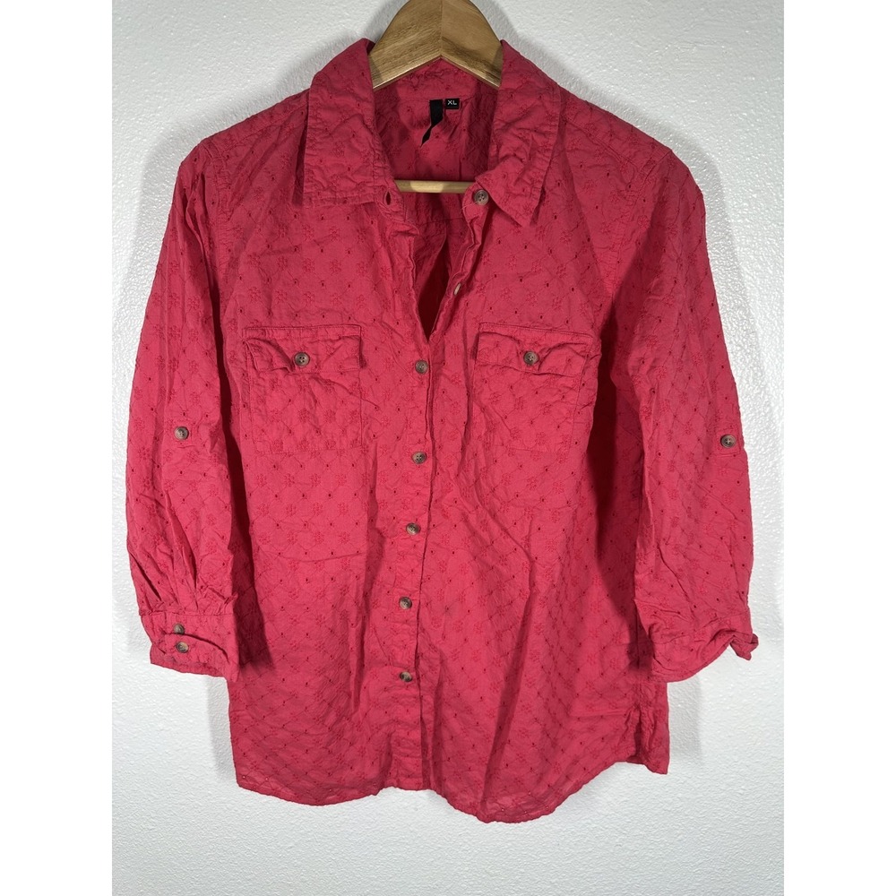 Cathy Shirt Womens XL Pink Button Front Roll Tab 3/4 Sleeve Woven Casual Top